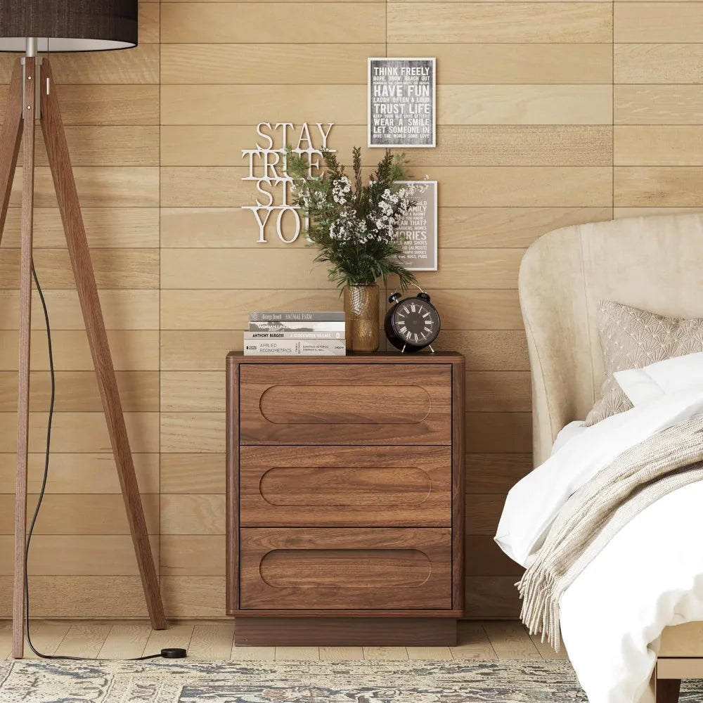 Mid-Century 3-Drawer Nightstand — Push-to-Open Walnut