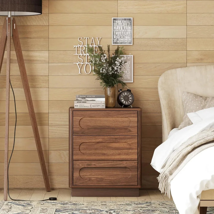 Mid-Century 3-Drawer Nightstand — Push-to-Open Walnut