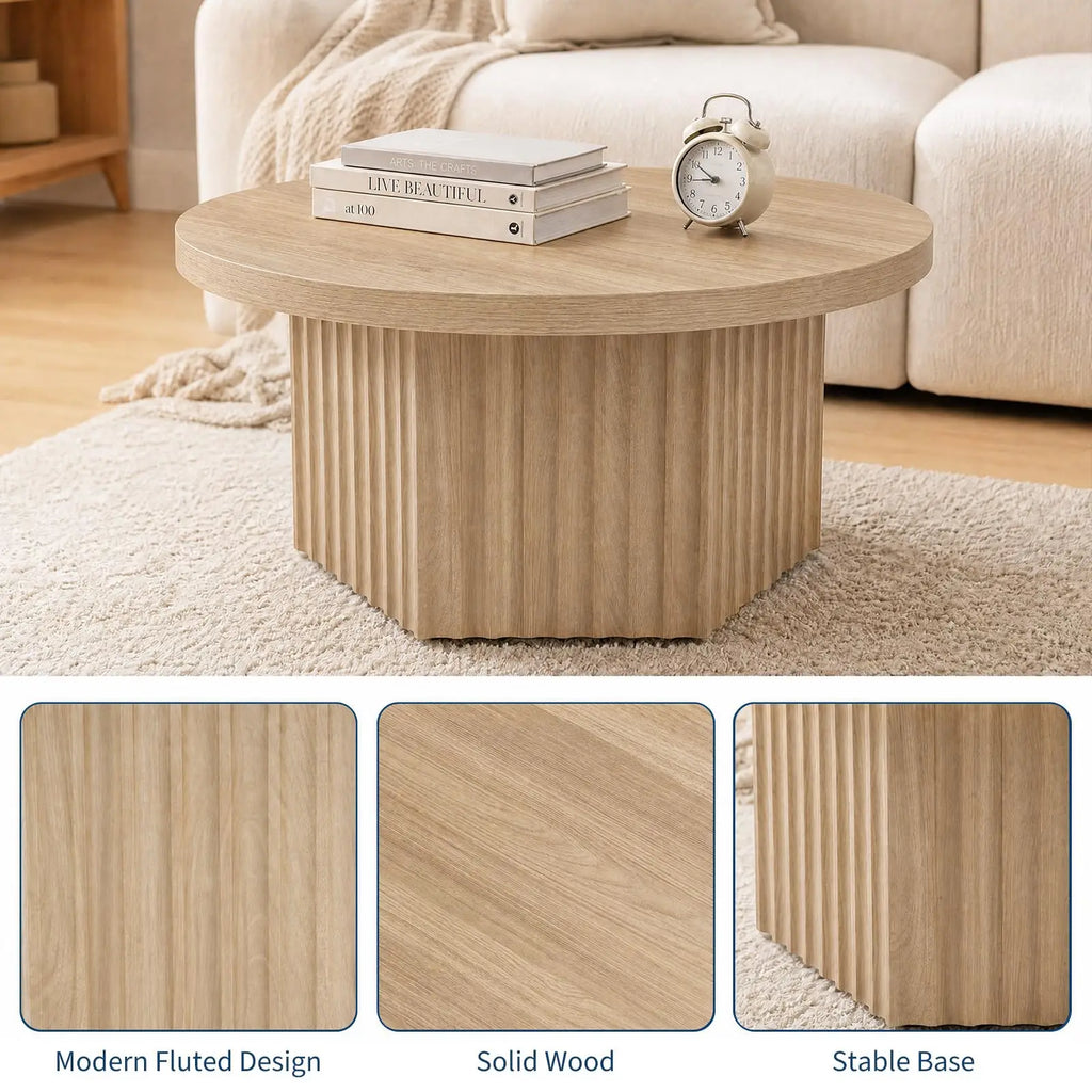 31.5" Round Fluted Drum Coffee Table — Wood Pedestal