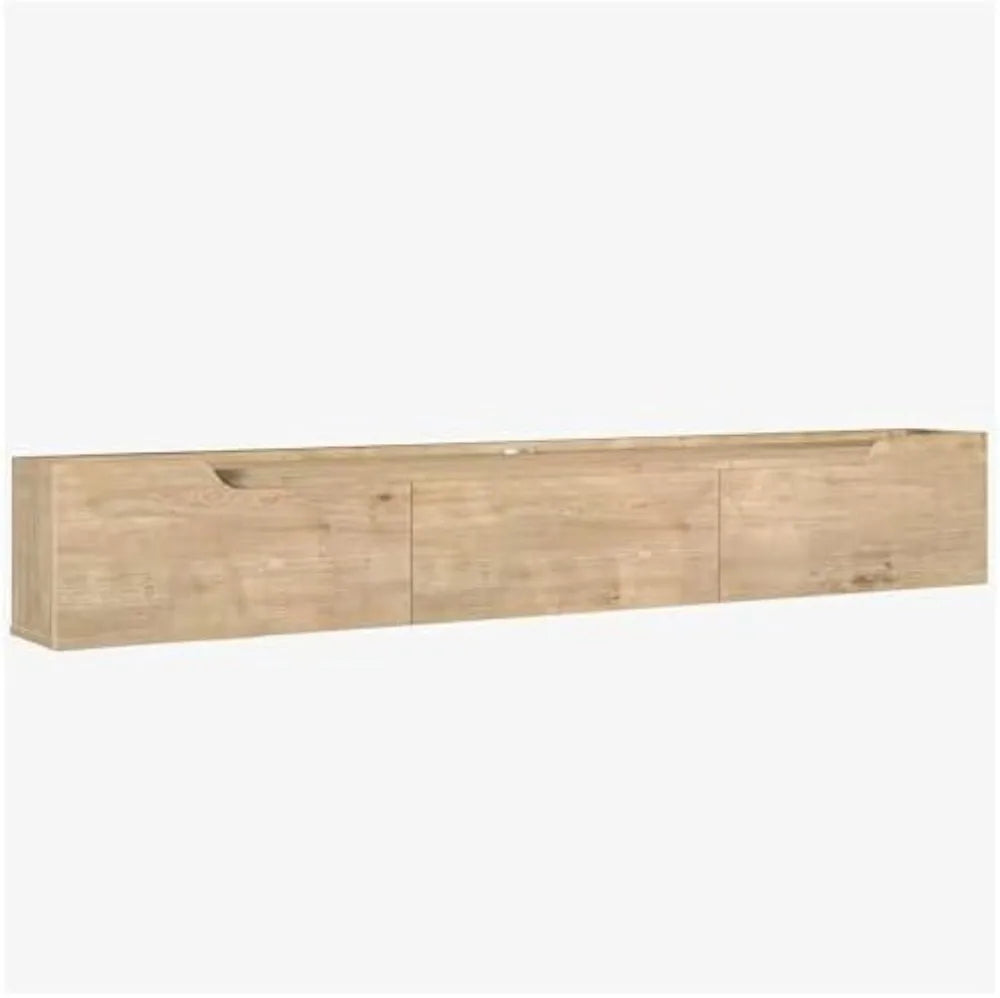 Floating wall-mounted TV stand with cable management in oak and white