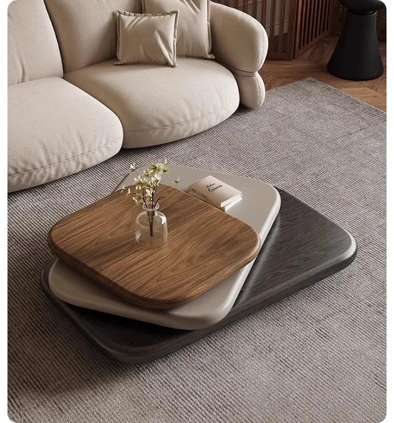 Rotating oval wood coffee table — front angle