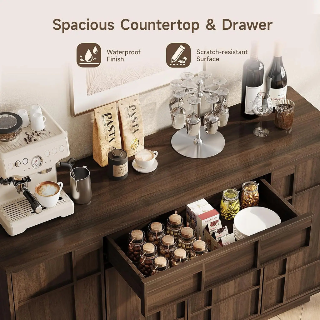 ONBRILL 55" Walnut Sideboard Buffet Cabinet with LED Lights