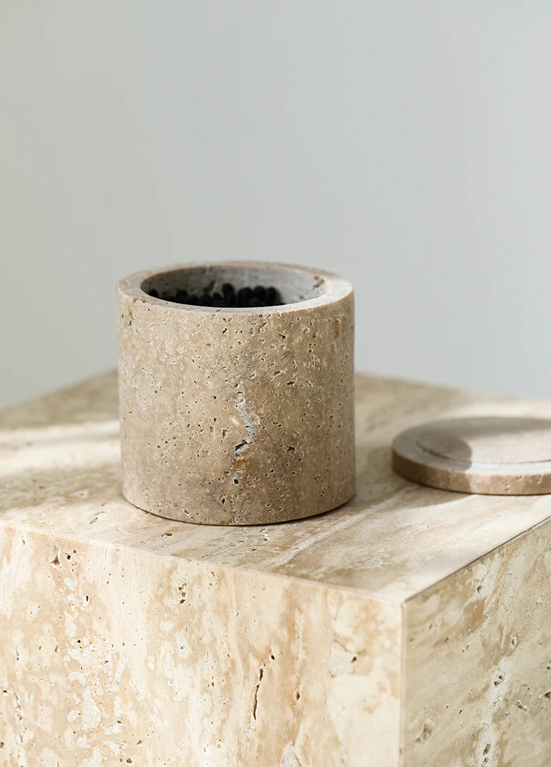 Travertine Cotton Swab Holder — Round Marble Jar, 3.5"