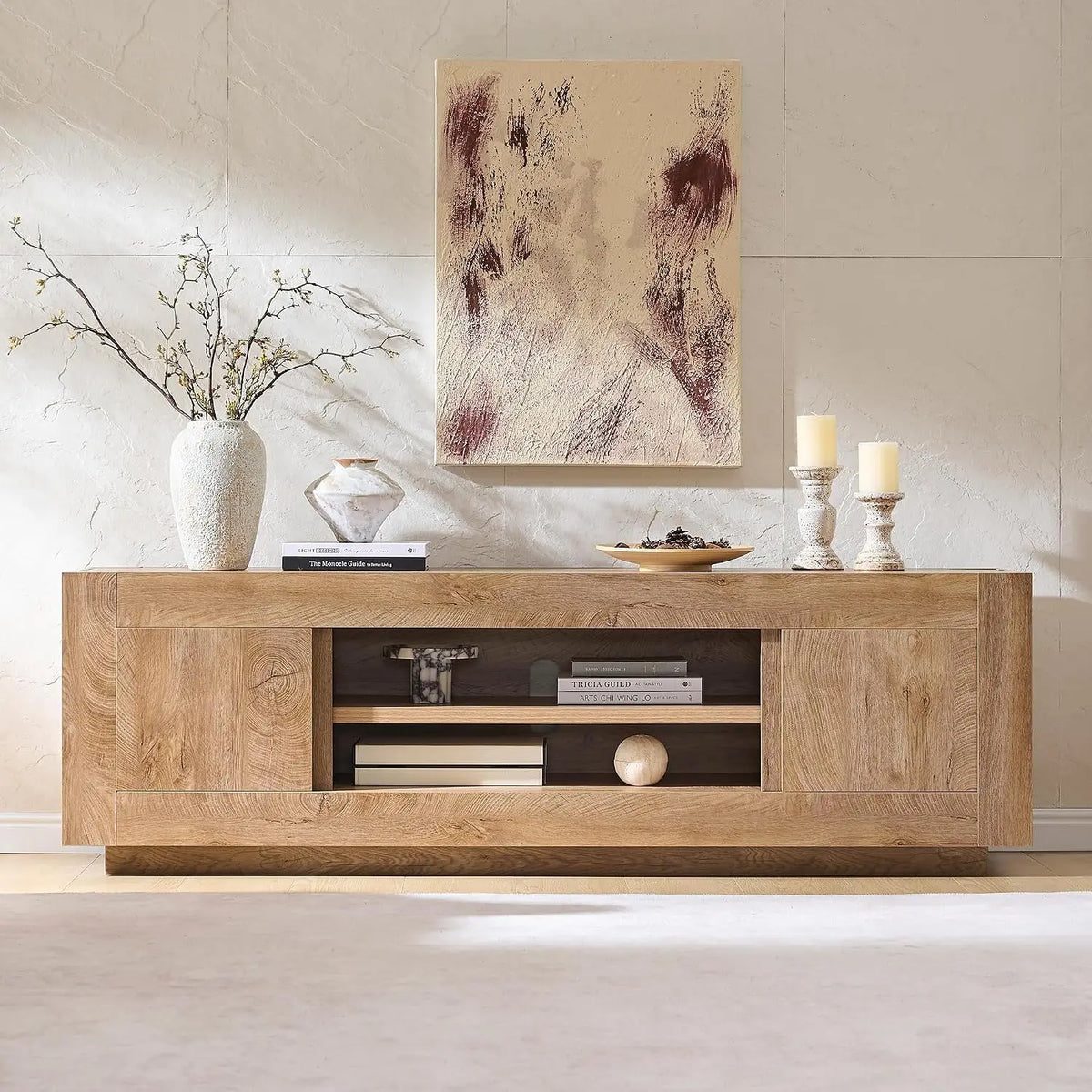 OKD thick block TV stand in light knotty oak finish