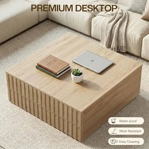 Oak fluted square coffee table with sliding top — alternate product view