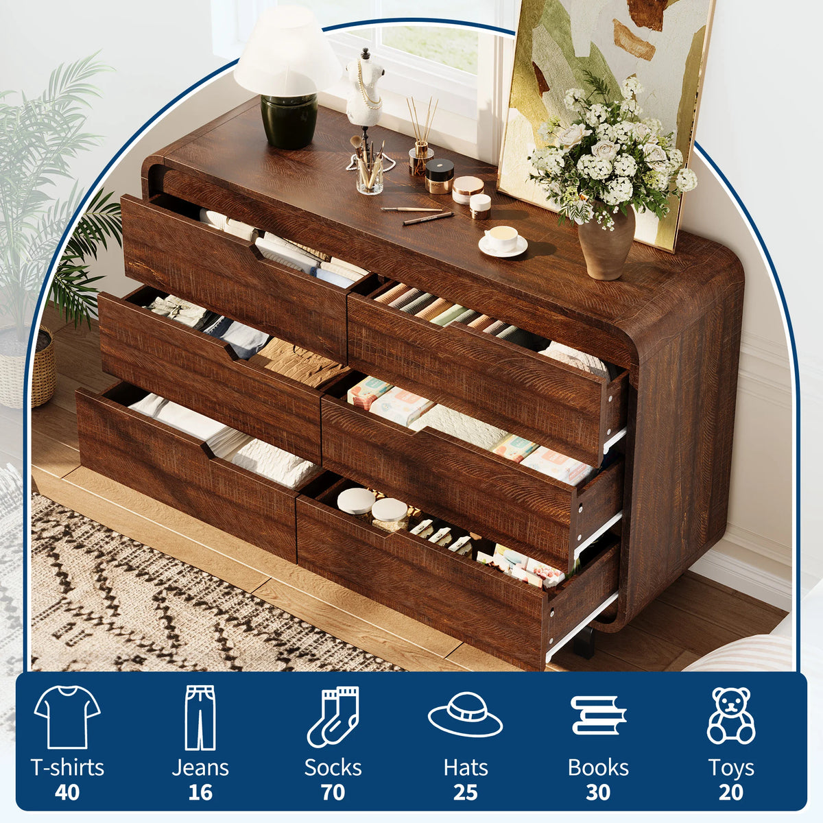 47" Wide 6-Drawer Dresser — Rounded Corners, Hidden Handles