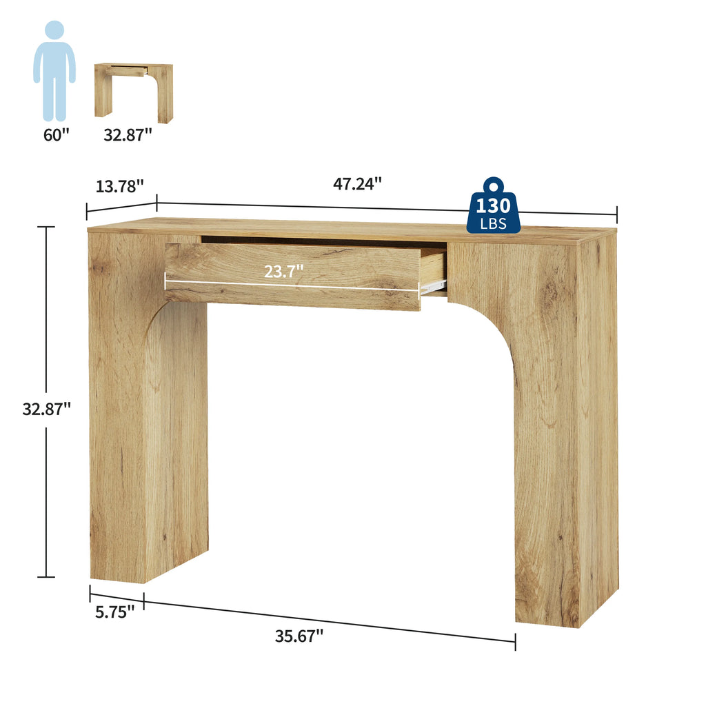 Wooden console table with drawer and industrial farmhouse styling
