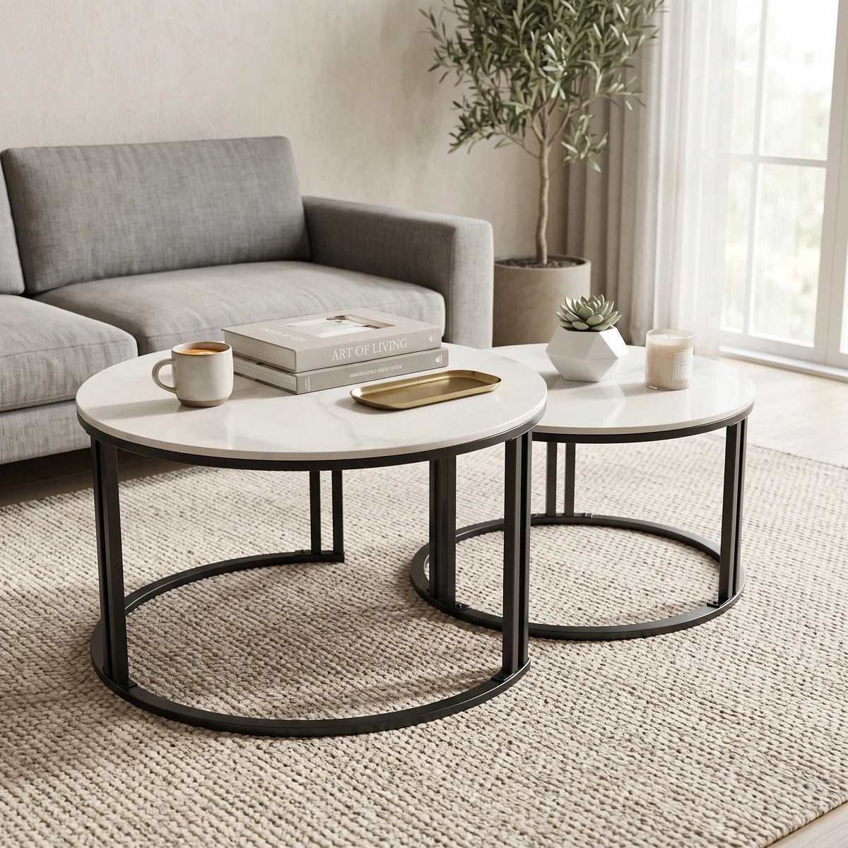 Nesting Coffee Table Set of 2 — 27.5" Round Stone-Top