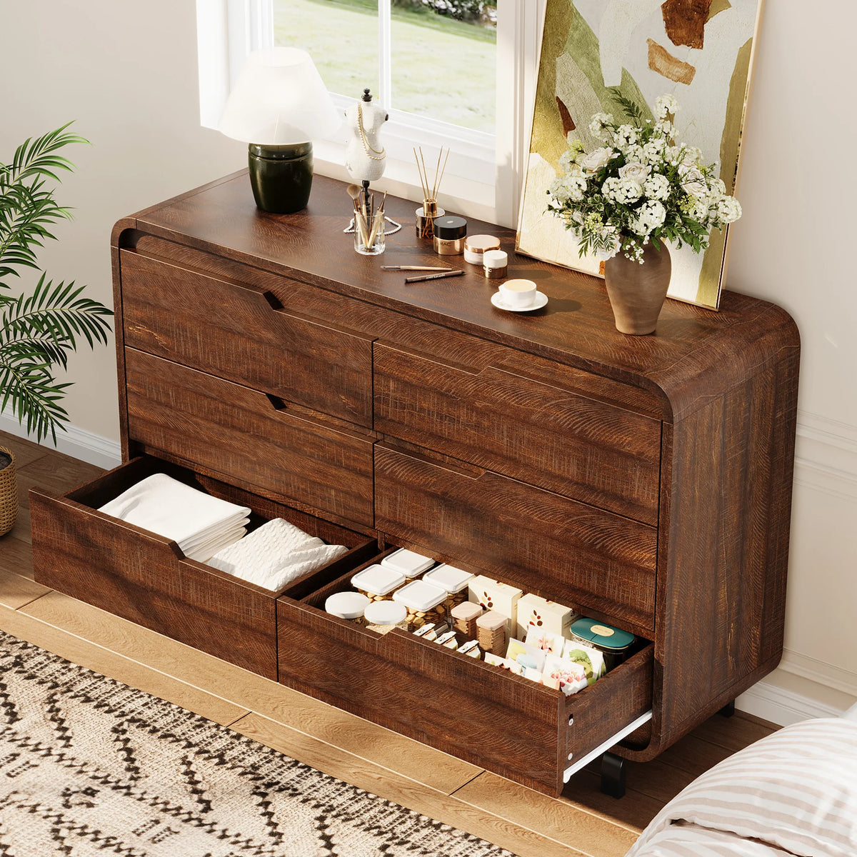 47" Wide 6-Drawer Dresser — Rounded Corners, Hidden Handles