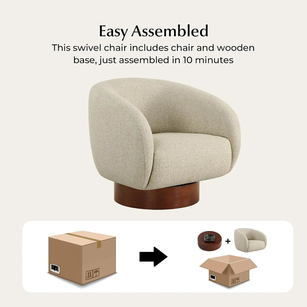 Oatmeal Boucle Swivel Accent Chair — Wood Base Armchair
