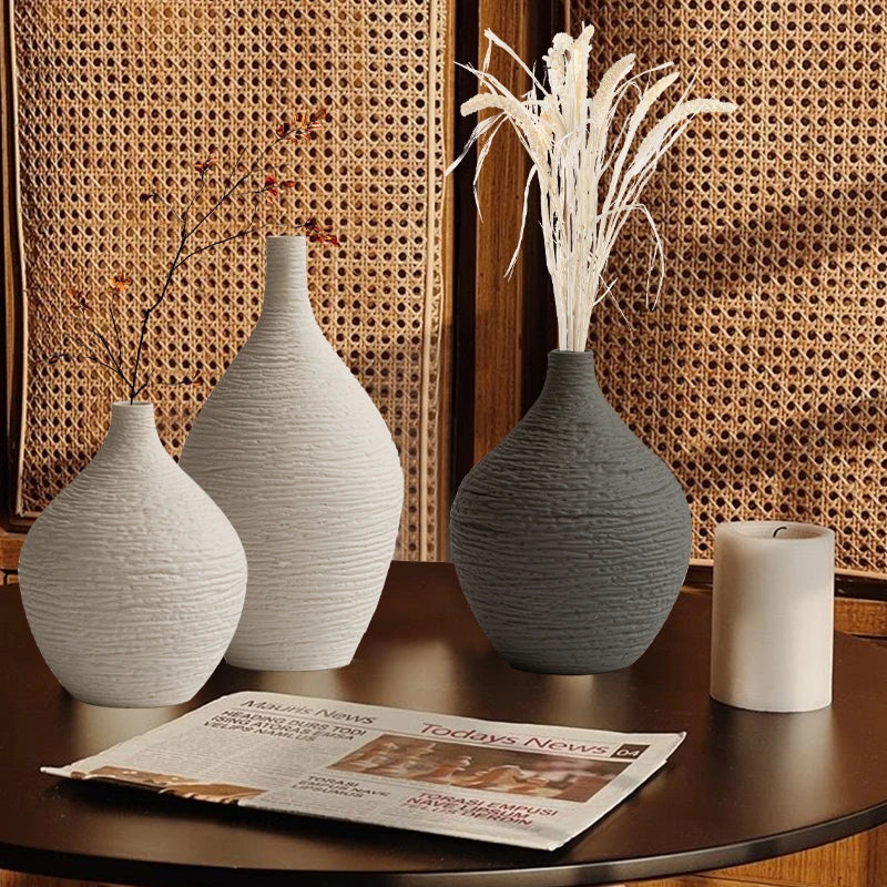 Narrow-Mouth Nordic Ceramic Vase — Beige & Grey