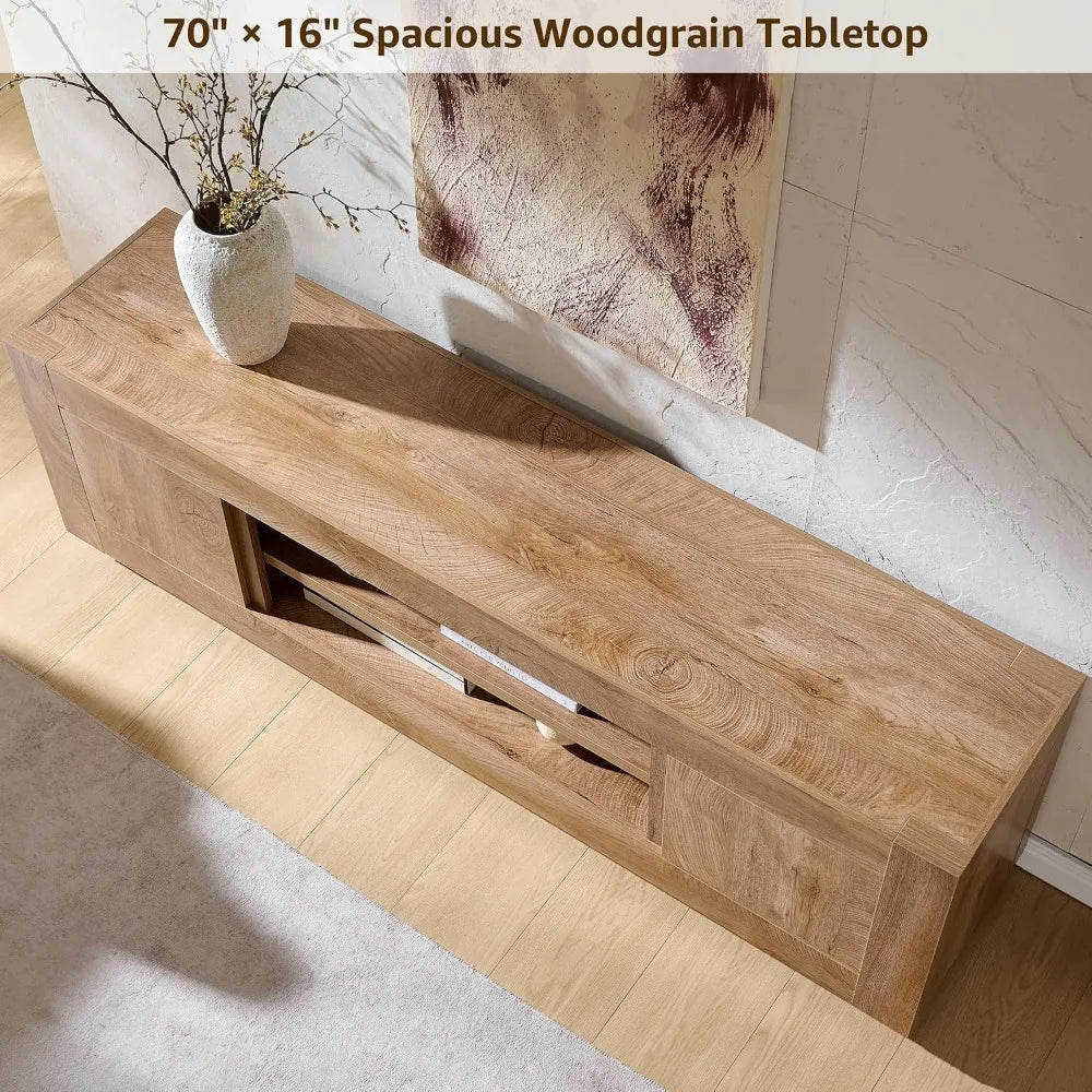 OKD thick block TV stand in light knotty oak finish
