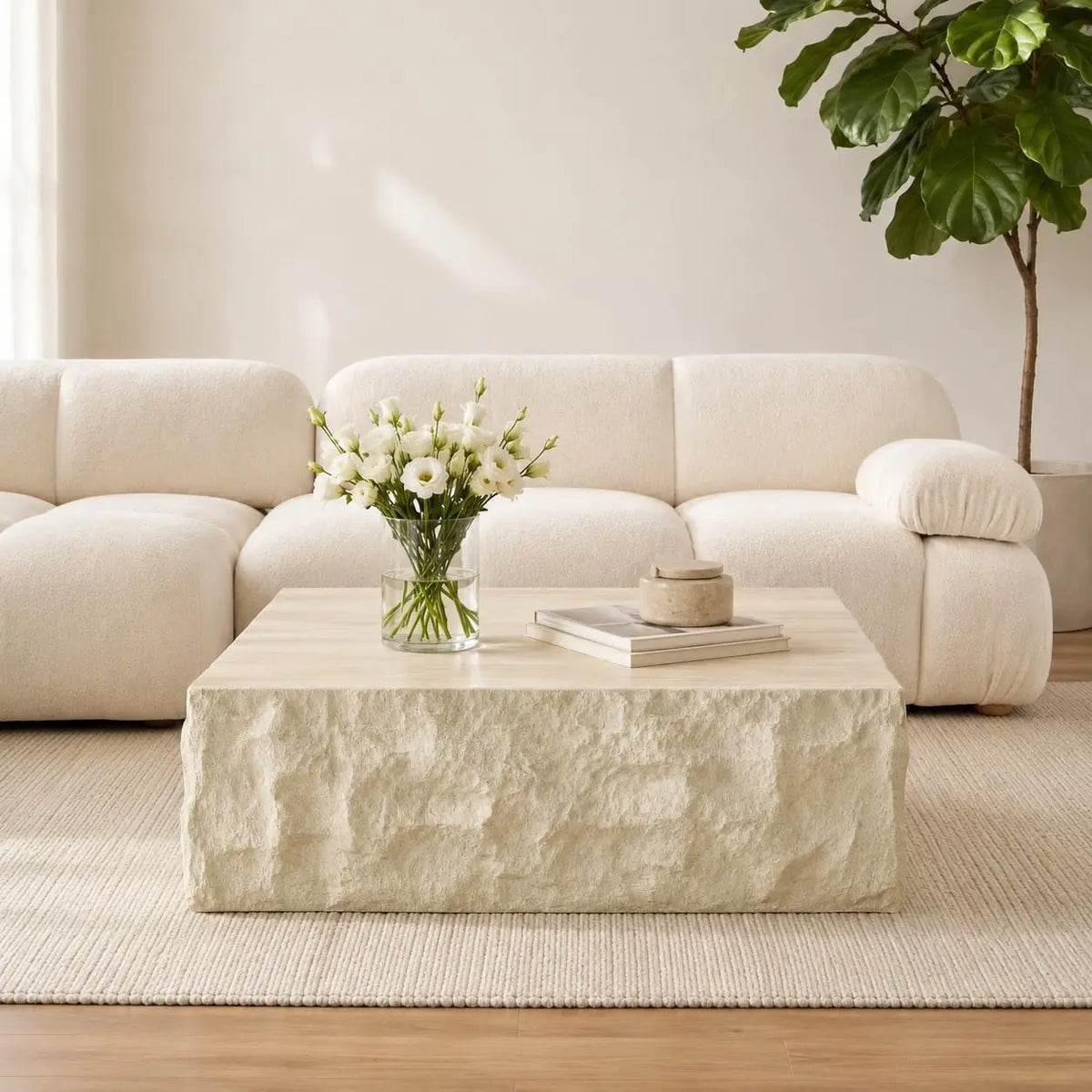 35.43" Square Faux Marble Travertine Coffee Table