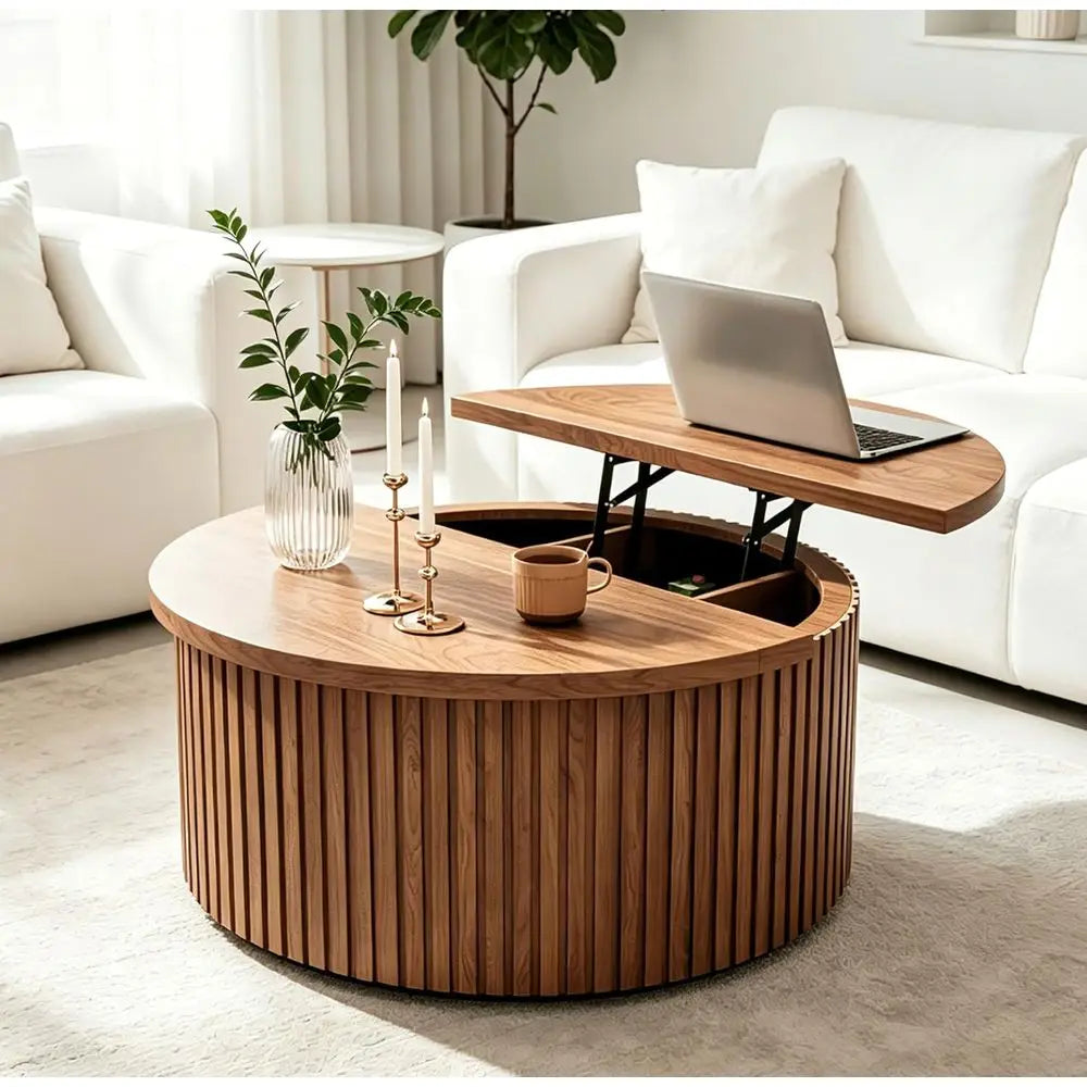 Fluted round coffee table with wood drum base and storage