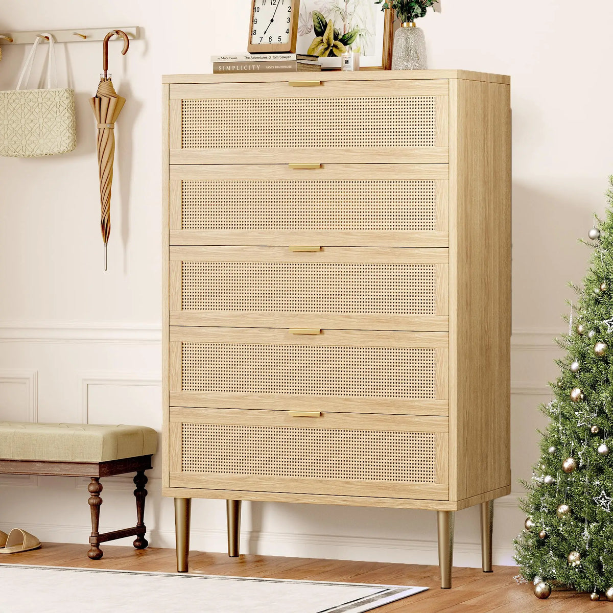 Modern Farmhouse Rattan 5-Drawer Dresser — Tall Narrow Chest