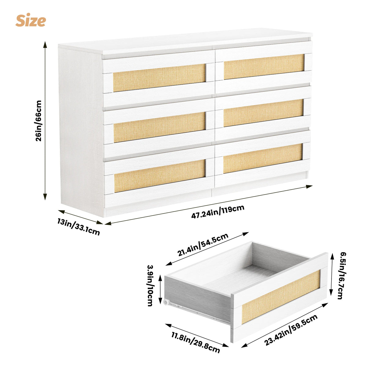 Rattan 6-Drawer Dresser — 47" Slim Bedroom Chest