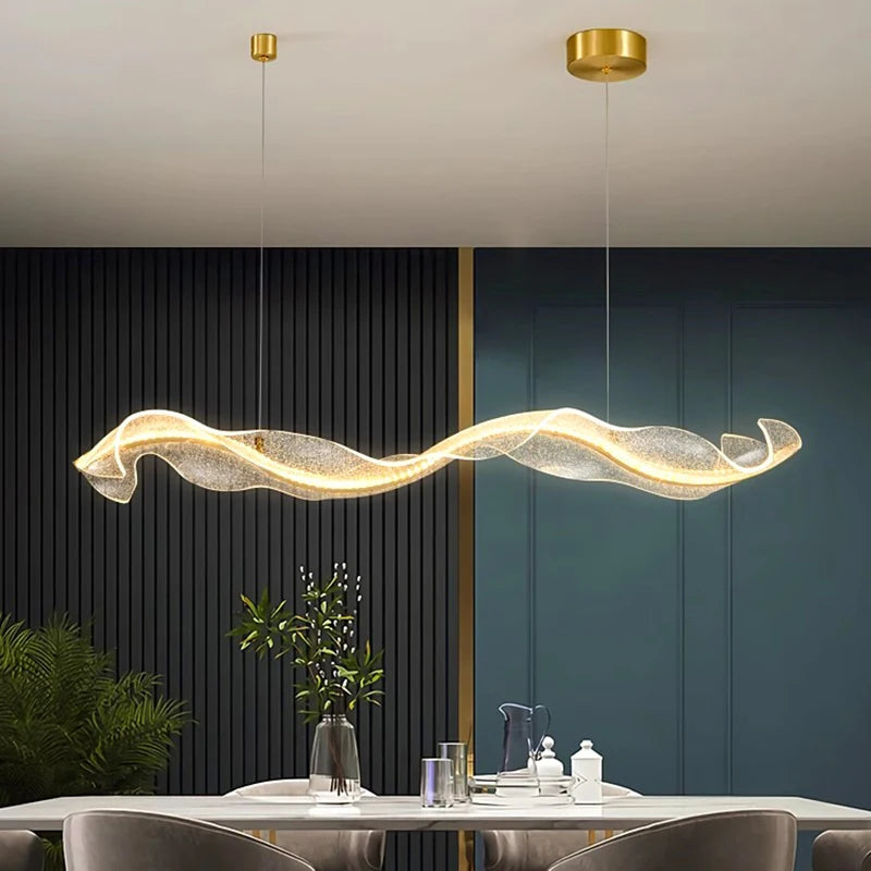 Organic Wave LED Pendant — Brass & Marble Statement Light