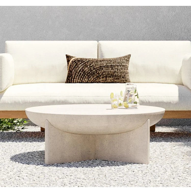 Outdoor Cream Stone Side Table - Weatherproof Modern