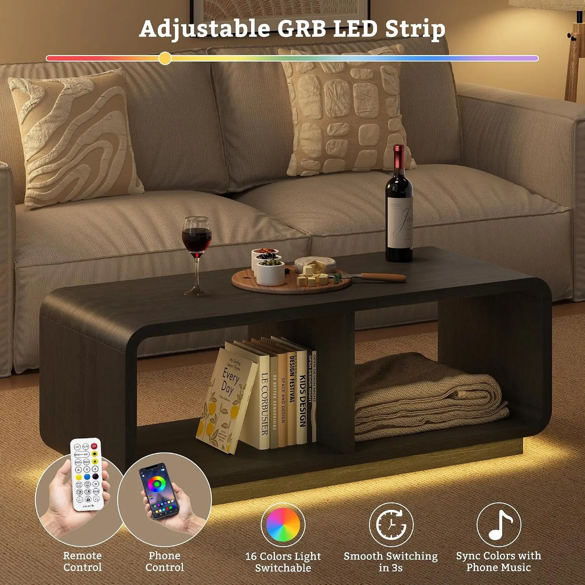 Mid-century coffee table with built-in LED light strip