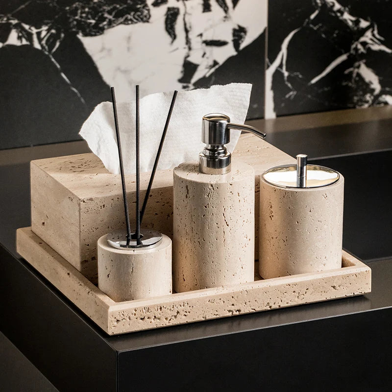 Beige Travertine Bathroom Accessory Set — 9-Piece