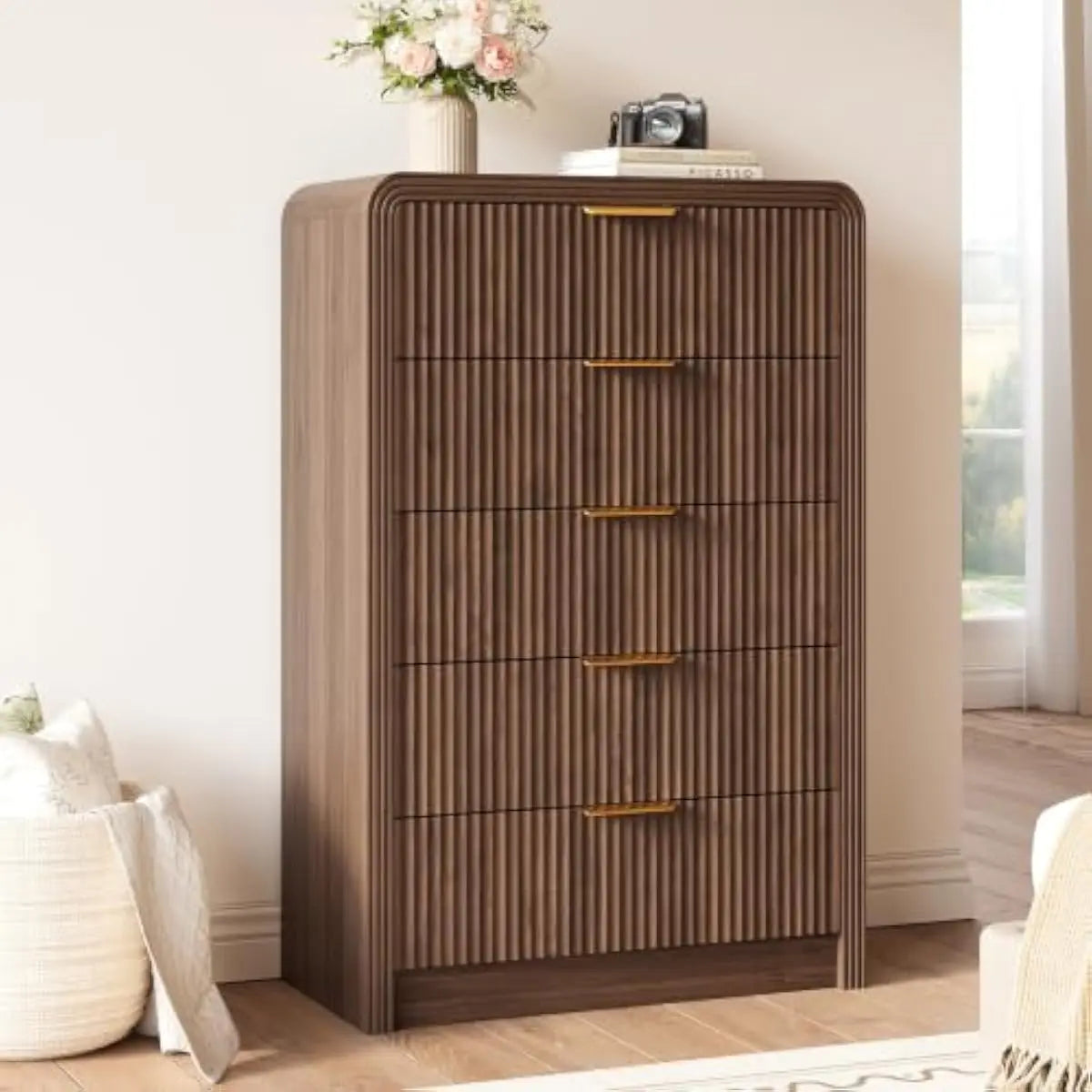 48" Fluted 5-Drawer Dresser — Walnut Bedroom Chest
