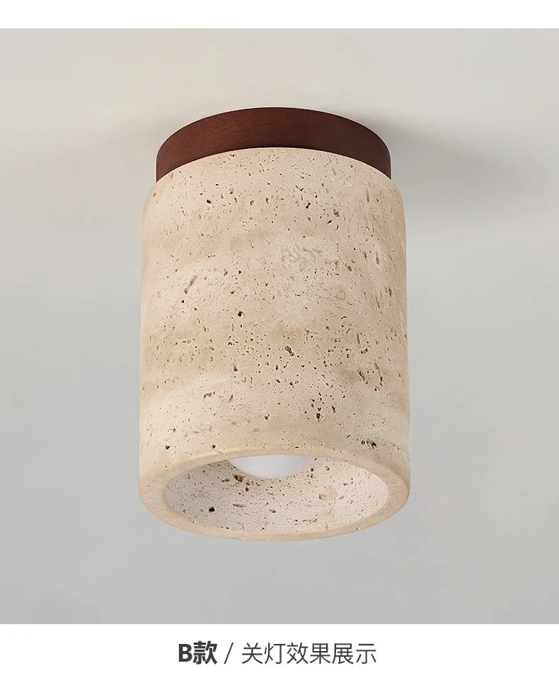 Wabi-Sabi Travertine Ceiling Lamp — Natural Stone & Wood Fixture