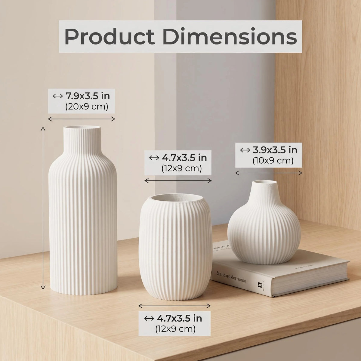 Vertical-Striped Embossed 3-Piece Vase Set — Matte PLA