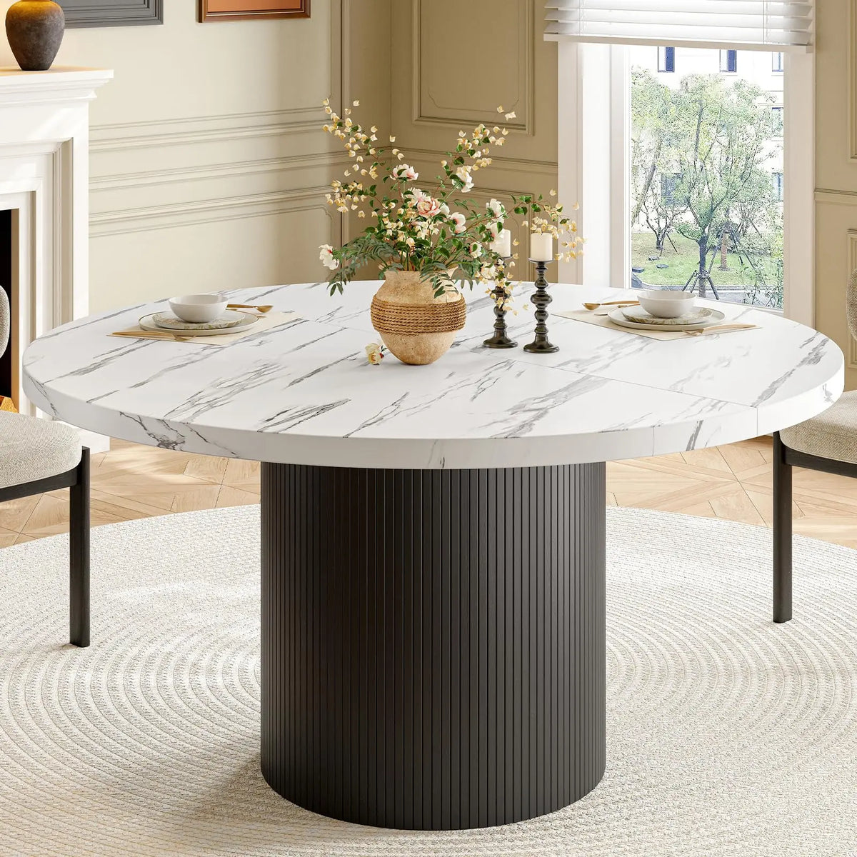 Black fluted round dining table — product detail view