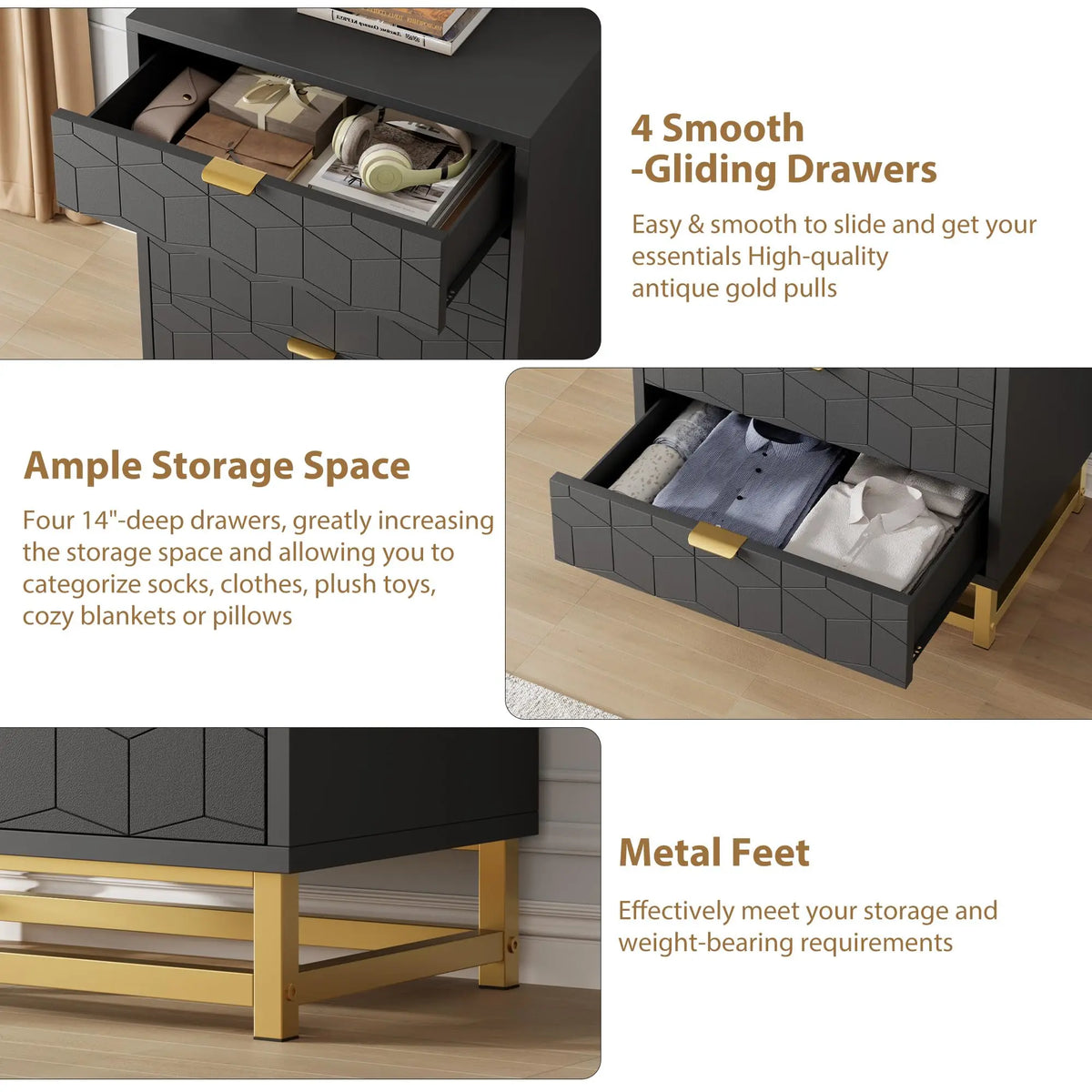 Modern 4-Drawer Dresser — Gold Metal Handles