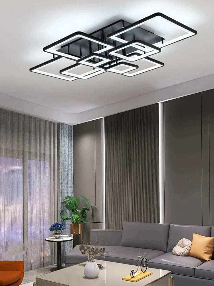 Black grid LED ceiling light — front angle detail