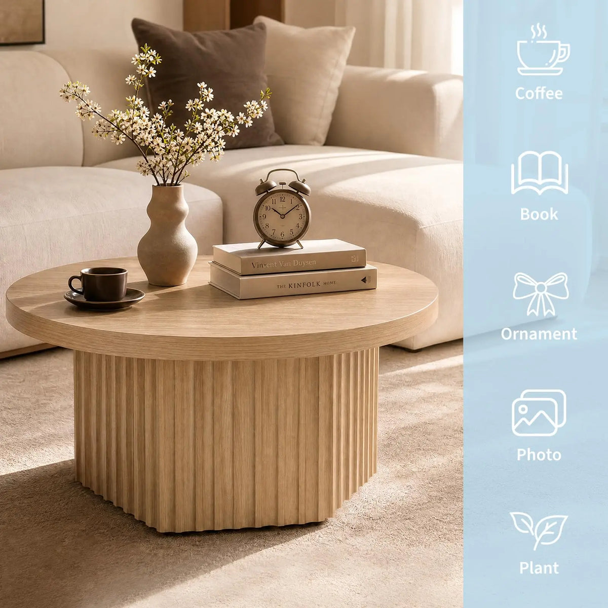 31.5" Round Fluted Drum Coffee Table — Wood Pedestal