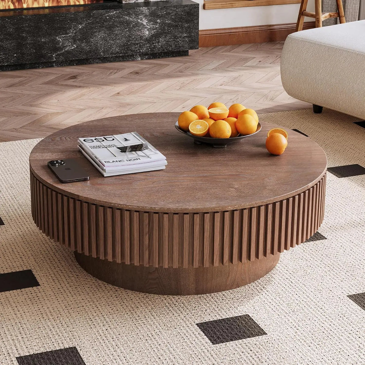 Round Storage Coffee Table - Modern Walnut