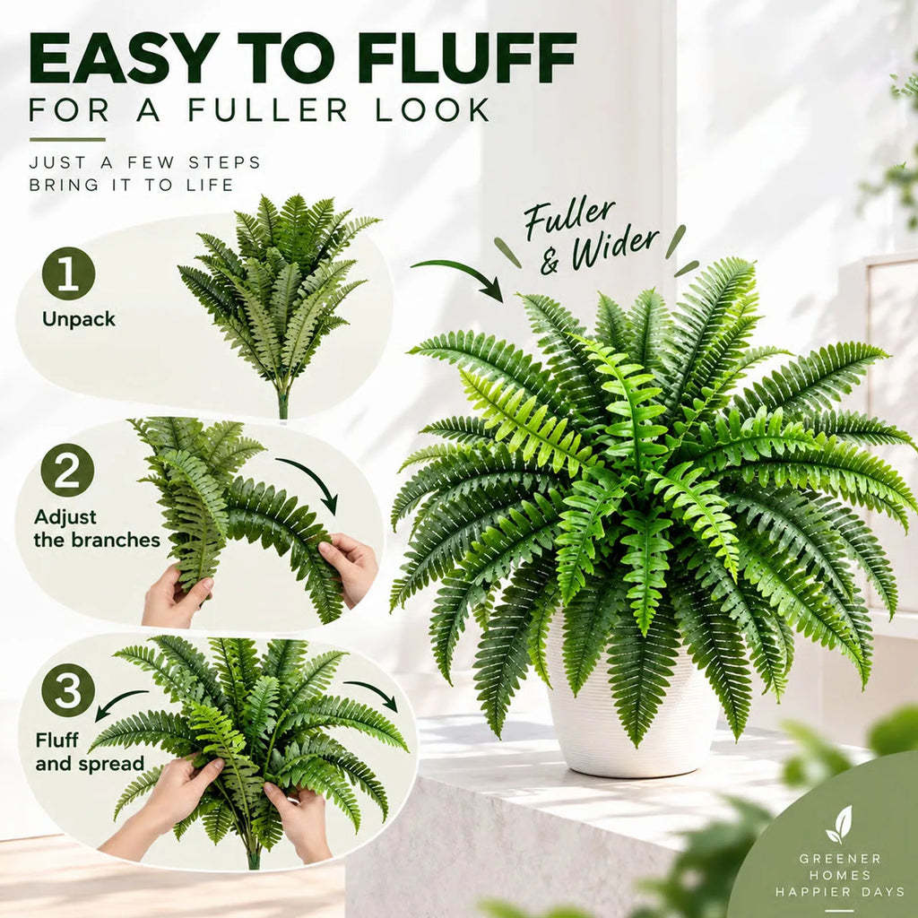 2 Pack Artificial Boston Fern, 39 Fronds UV Resistant Fake Fern Plant, Faux Greenery for Front Porch Patio Indoor Outdoor Home Garden Decor-Pot Not Included — image 10