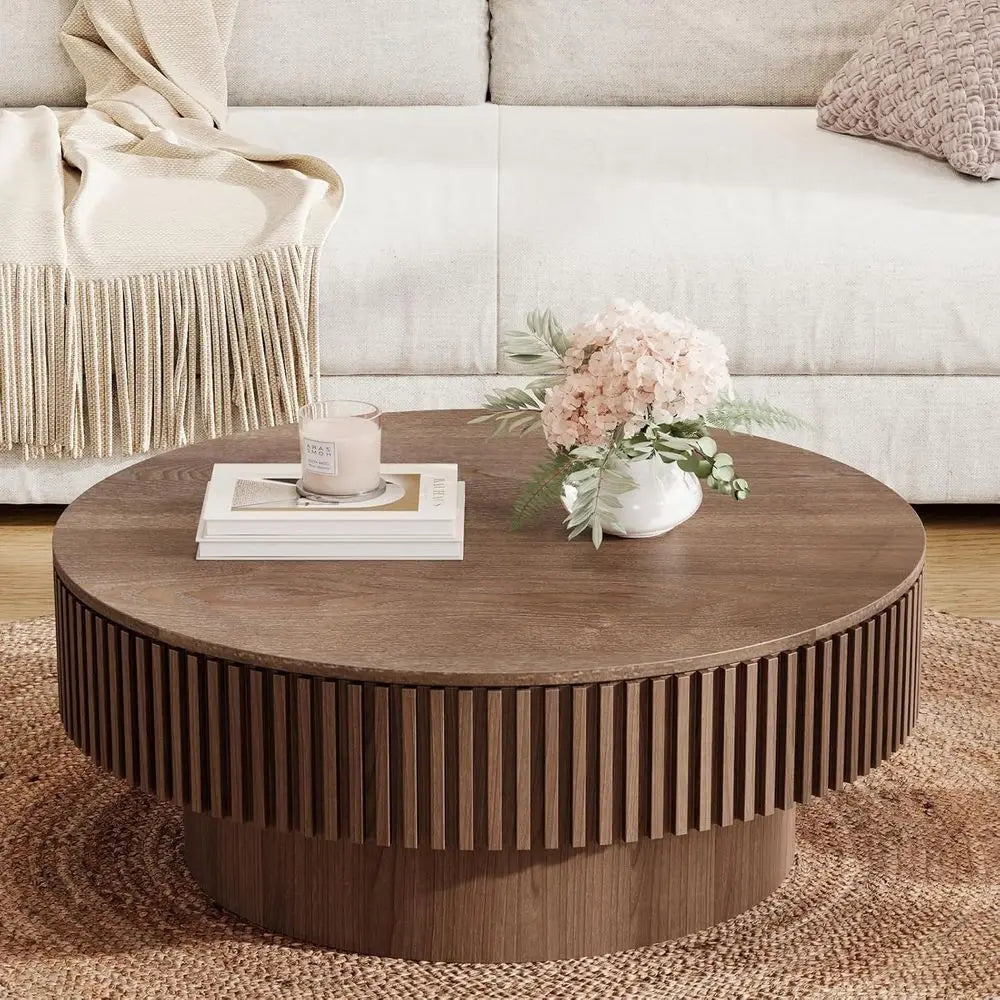 Round drum coffee table with solid wood veneer and hidden storage