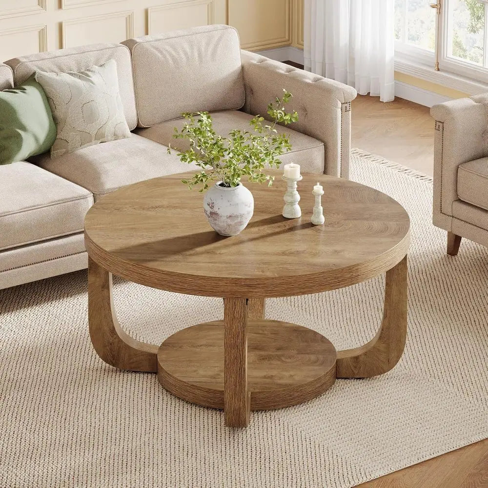 Two-tier round wooden coffee table with storage