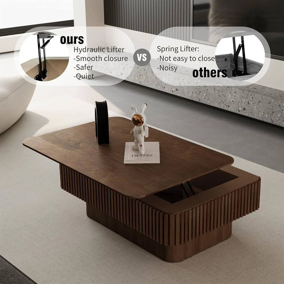 Rectangle Fluted Lift-Top Coffee Table with Storage