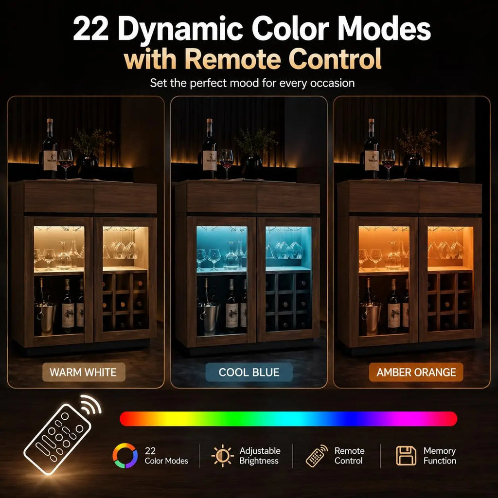 Walnut 2-in-1 Coffee Bar & Wine Cabinet with LED Light