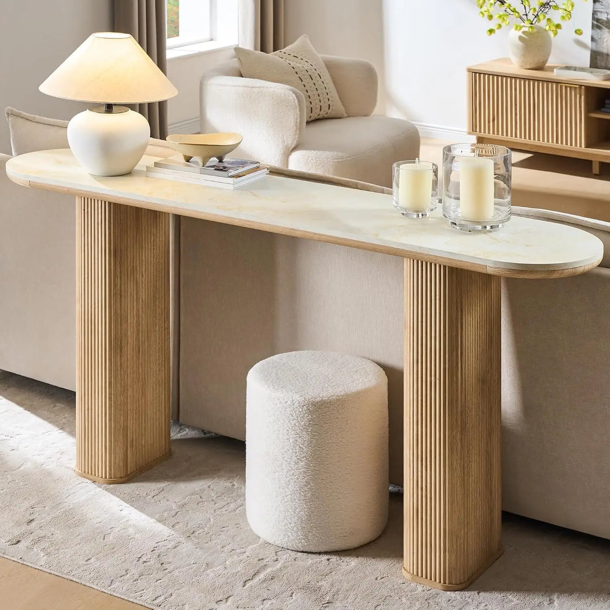 Fluted narrow console table for entryway in wood finish