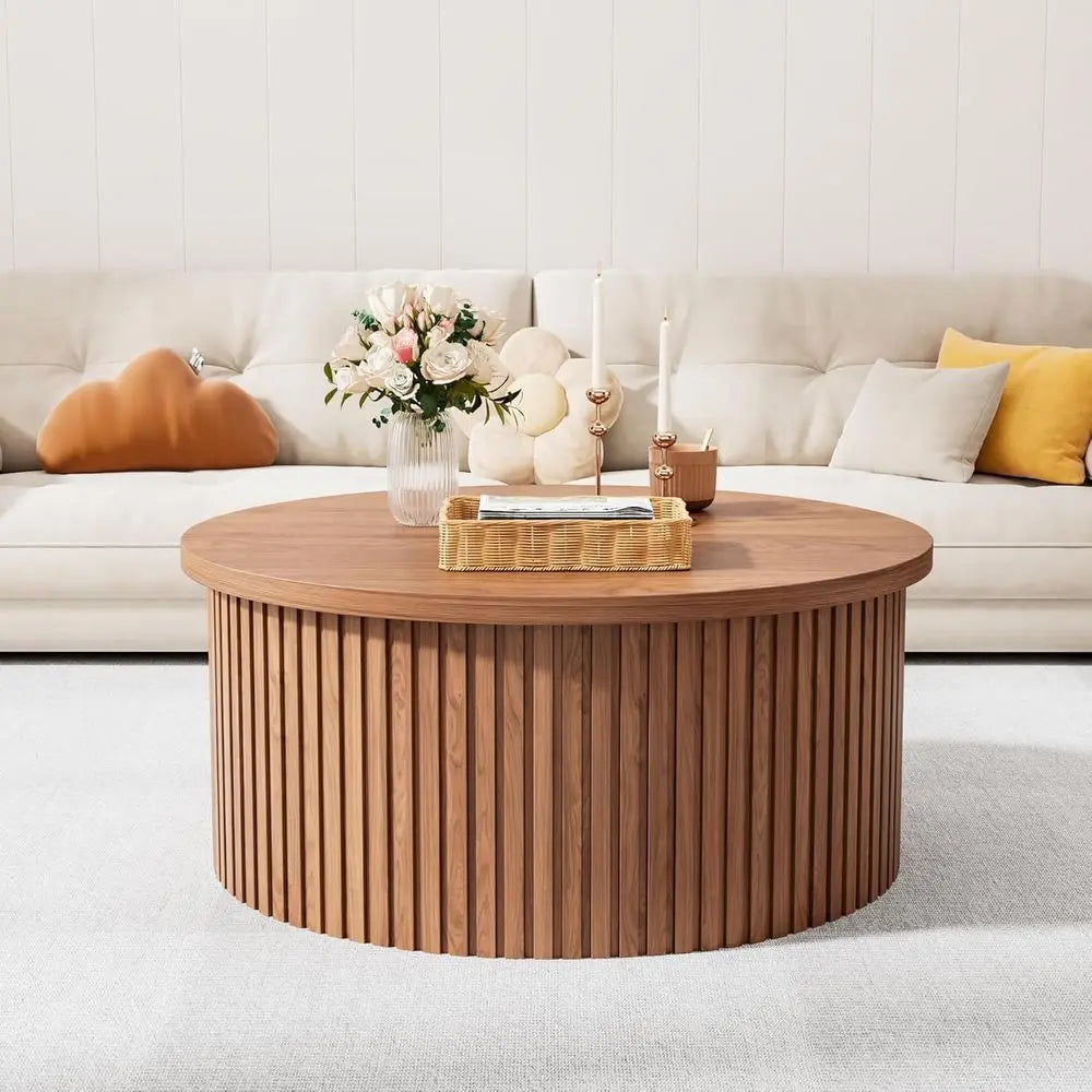Fluted round coffee table with wood drum base and storage