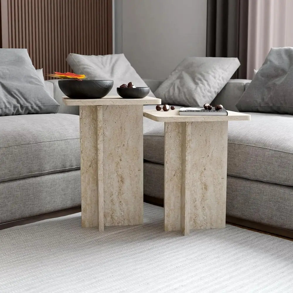 Travertine Square Nesting Tables — Set