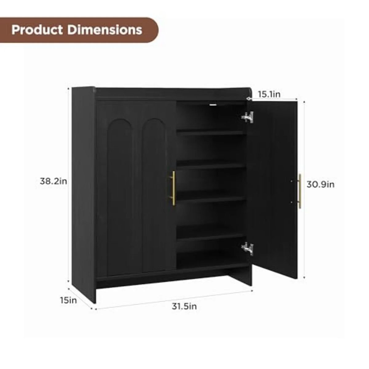 38" Tall Shoe Storage Cabinet with Arched Doors — Gold Handles