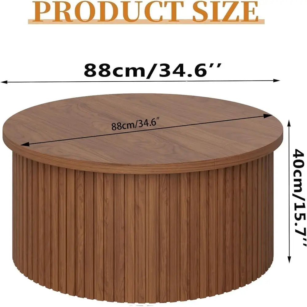 Fluted round coffee table with wood drum base and storage