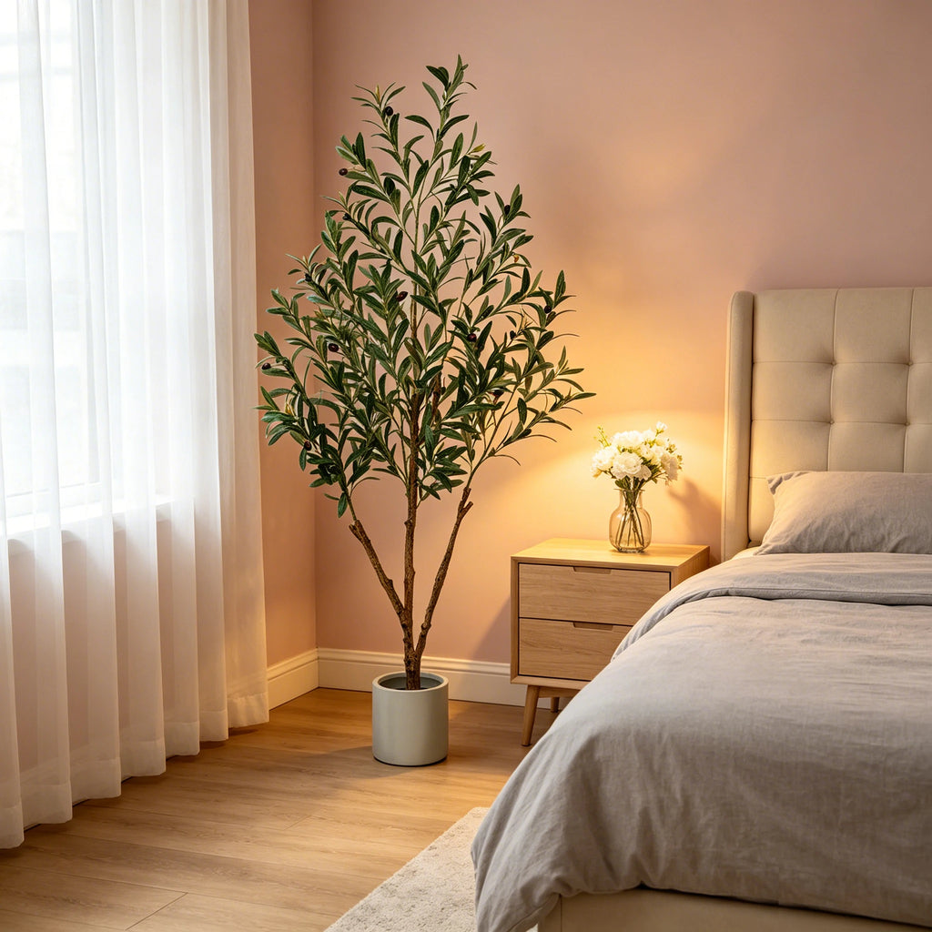5/6/7ft Olive Trees Artificial Indoor Outdoor Faux Olive Tree with White Tall Planter, Artificial Plants with Natural Wood Trunk and Lifelike Fruits for Home Office Decor — alternate angle