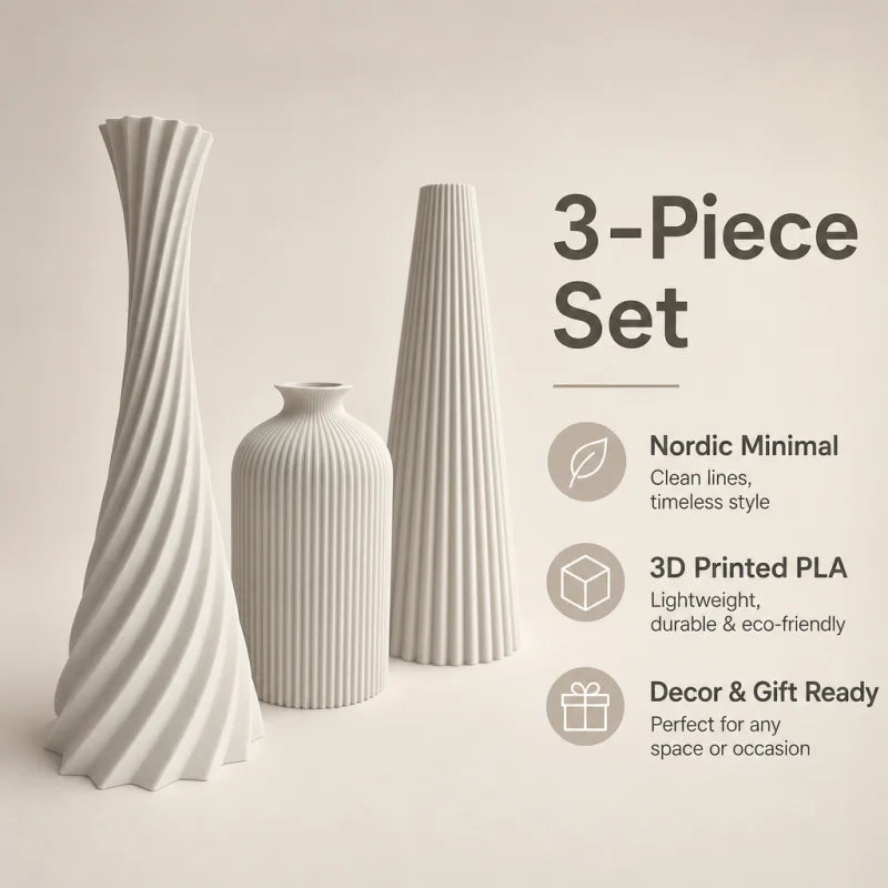 Ribbed Wabi-Sabi 3-Piece Vase Set — Matte Off-White