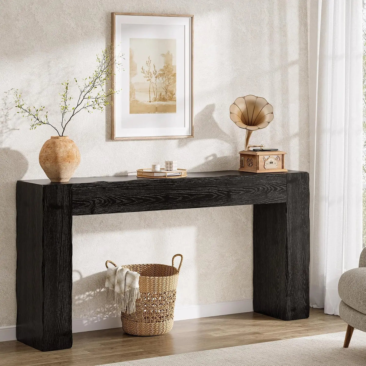 Solid wood console table in black farmhouse silhouette