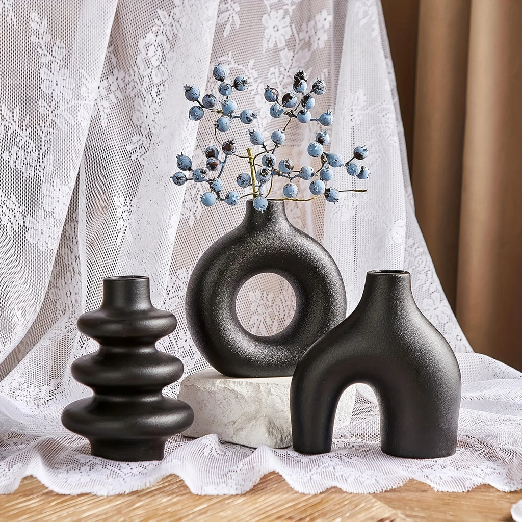Bohemian Ceramic Vase Set — Black, White & Yellow