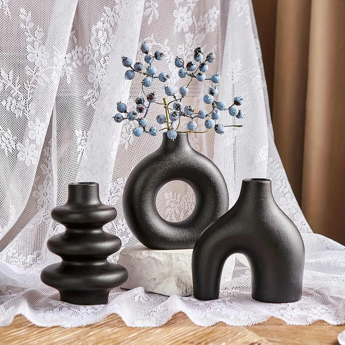 Bohemian Ceramic Vase Set — Black, White & Yellow