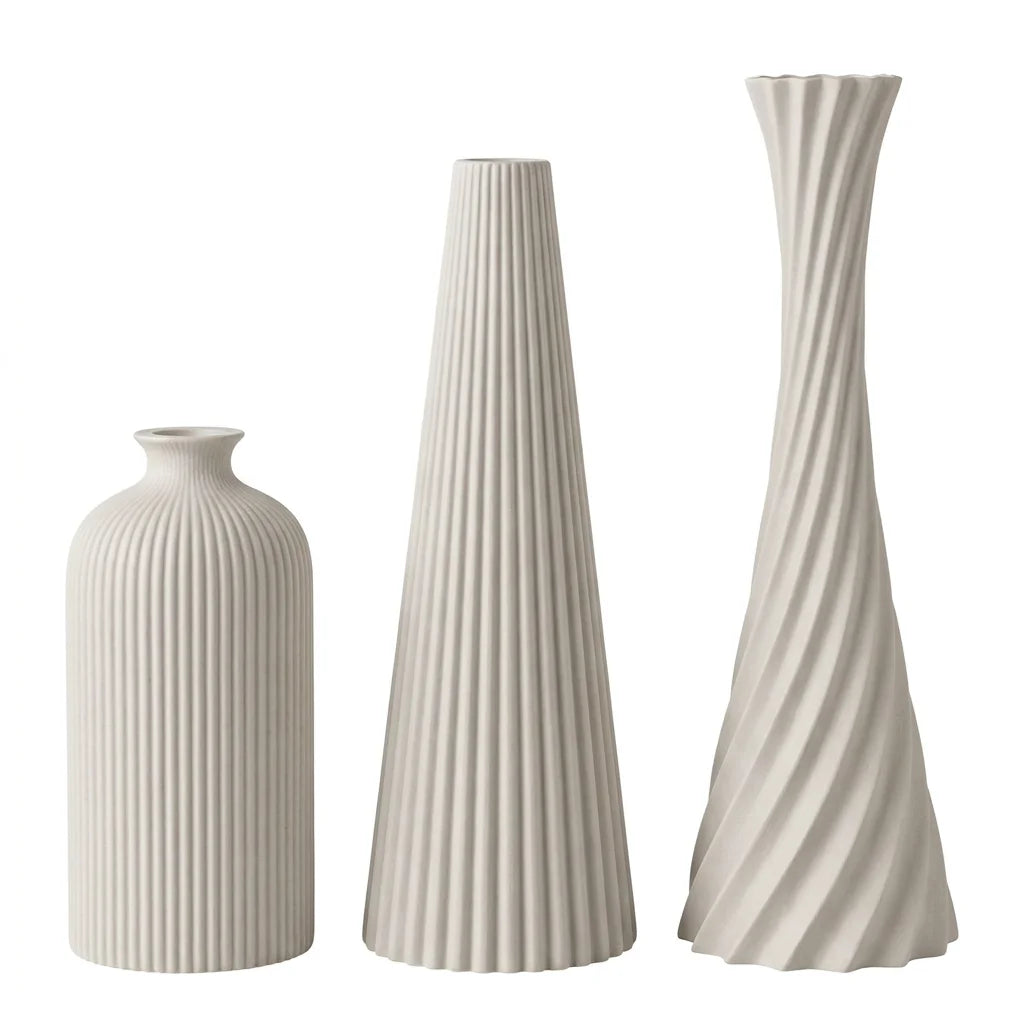 Ribbed Wabi-Sabi 3-Piece Vase Set — Matte Off-White