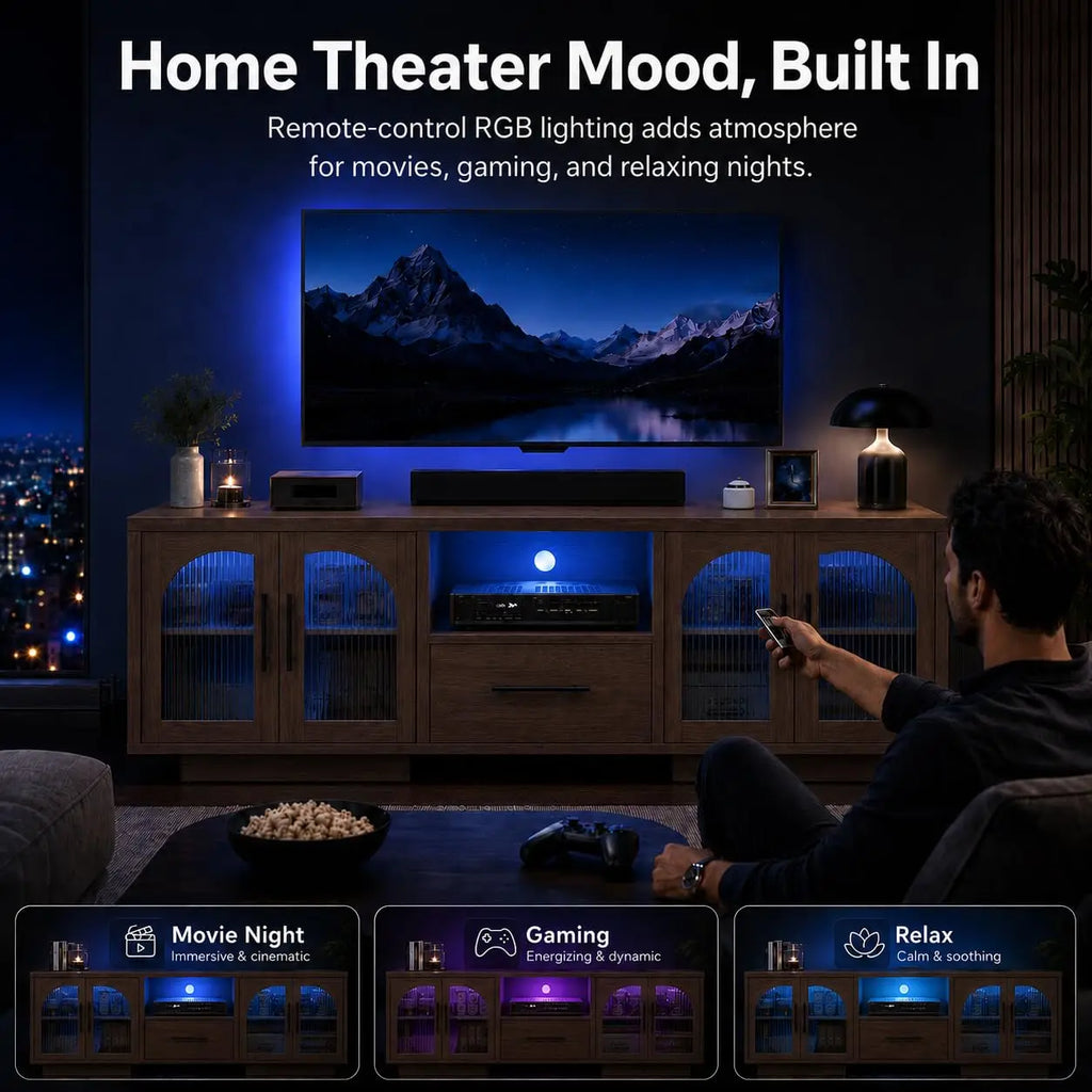 Mid-century LED TV console with built-in lighting