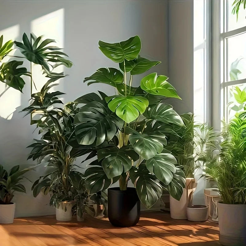 Artificial Monstera Palm Tree Realistic Plastic Green Plant for Home Office Wedding Christmas Without Flower pots — detail view